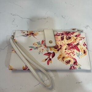 LC Lauren Conrad Ivory Floral Wristlet Clutch with Yellow and Pink Roses